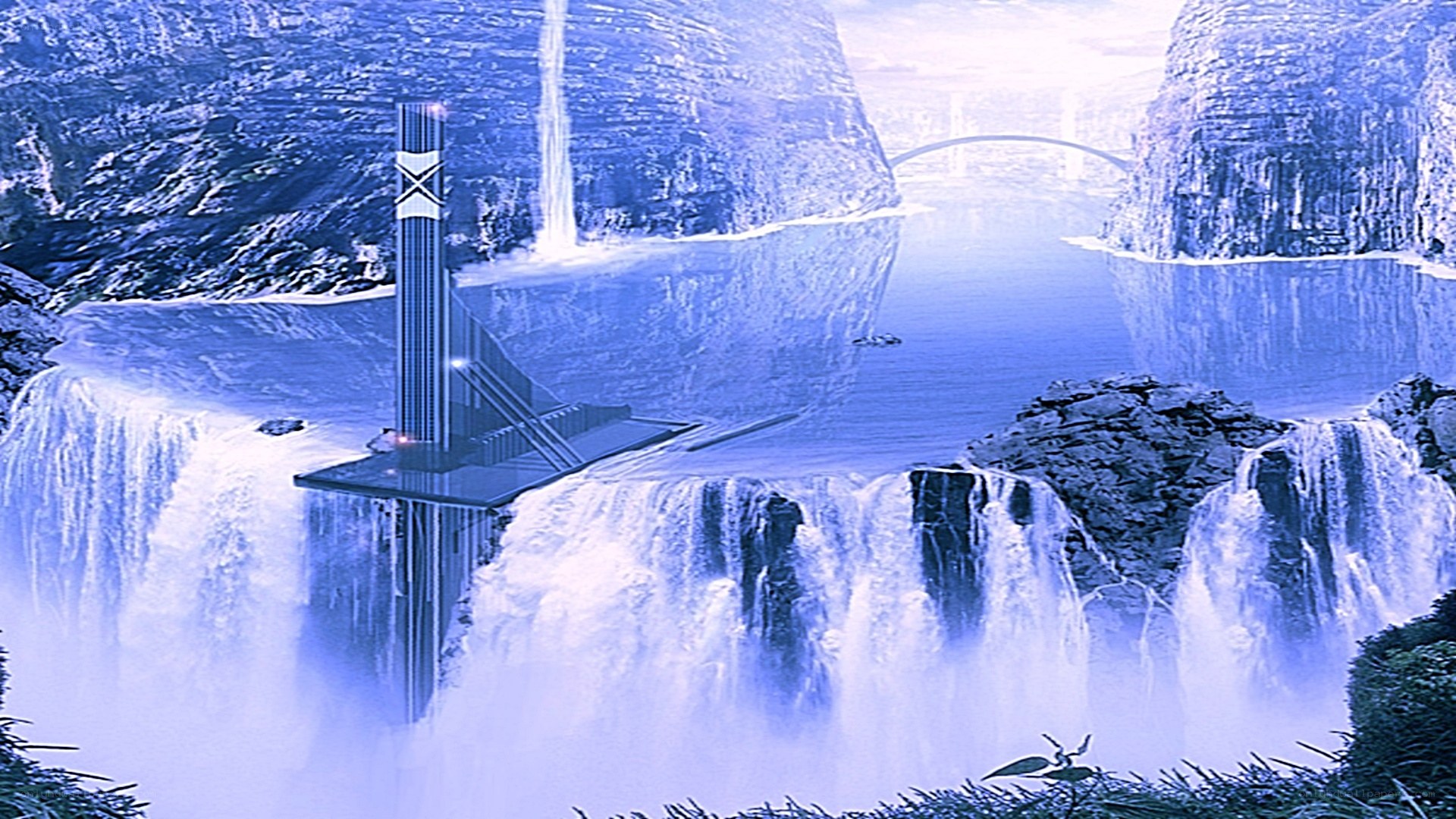 futuristic tower by waterfall