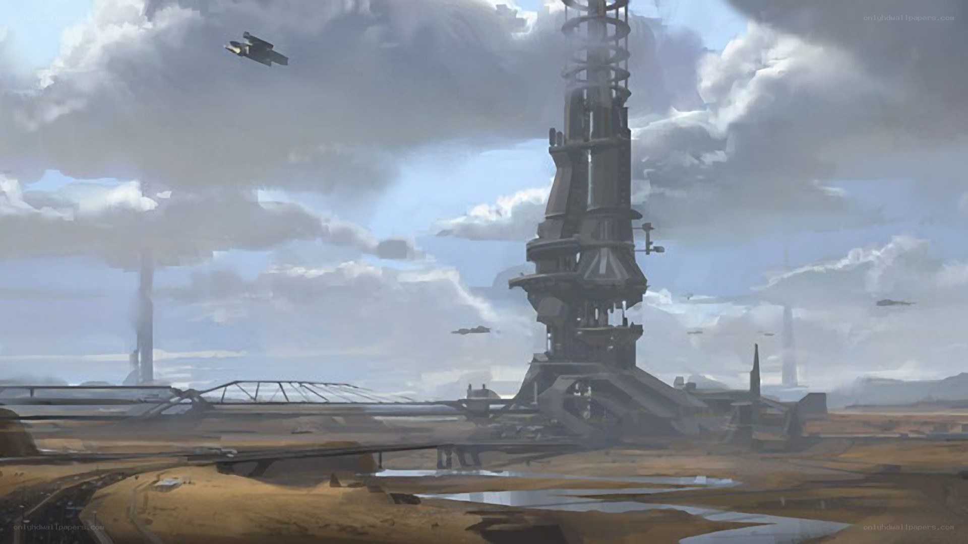 Futuristic tower in a barren landscape