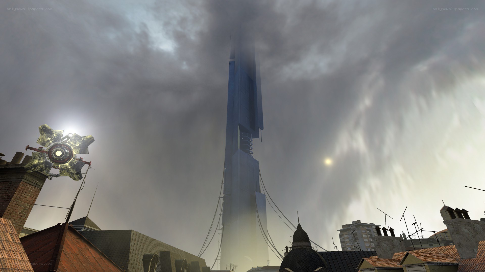 Futuristic tower in a city