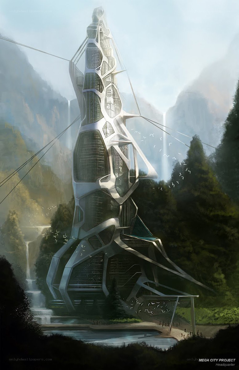 Futuristic tower in a valley