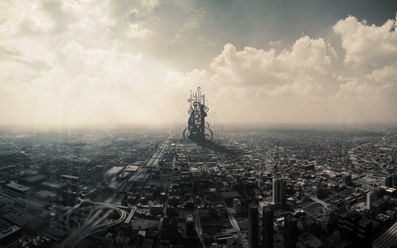 Futuristic Tower in City — Gray