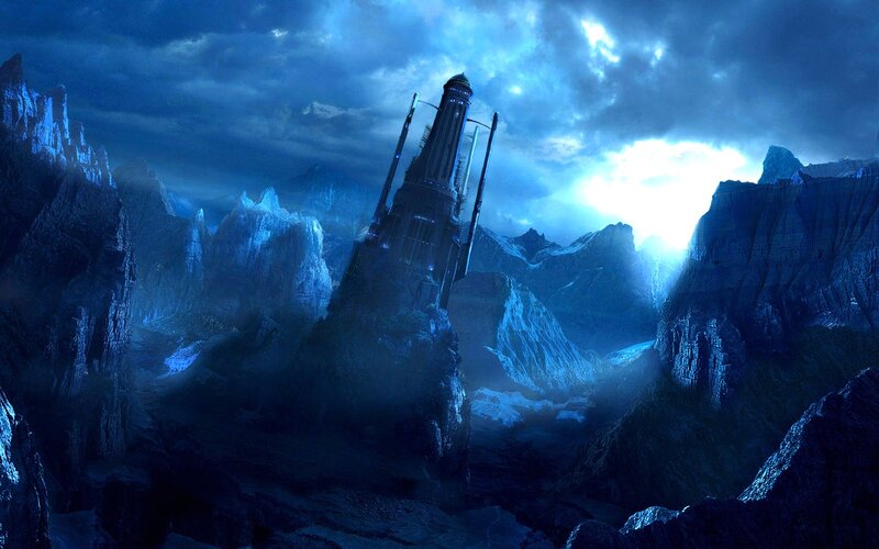 futuristic tower in mountain landscape