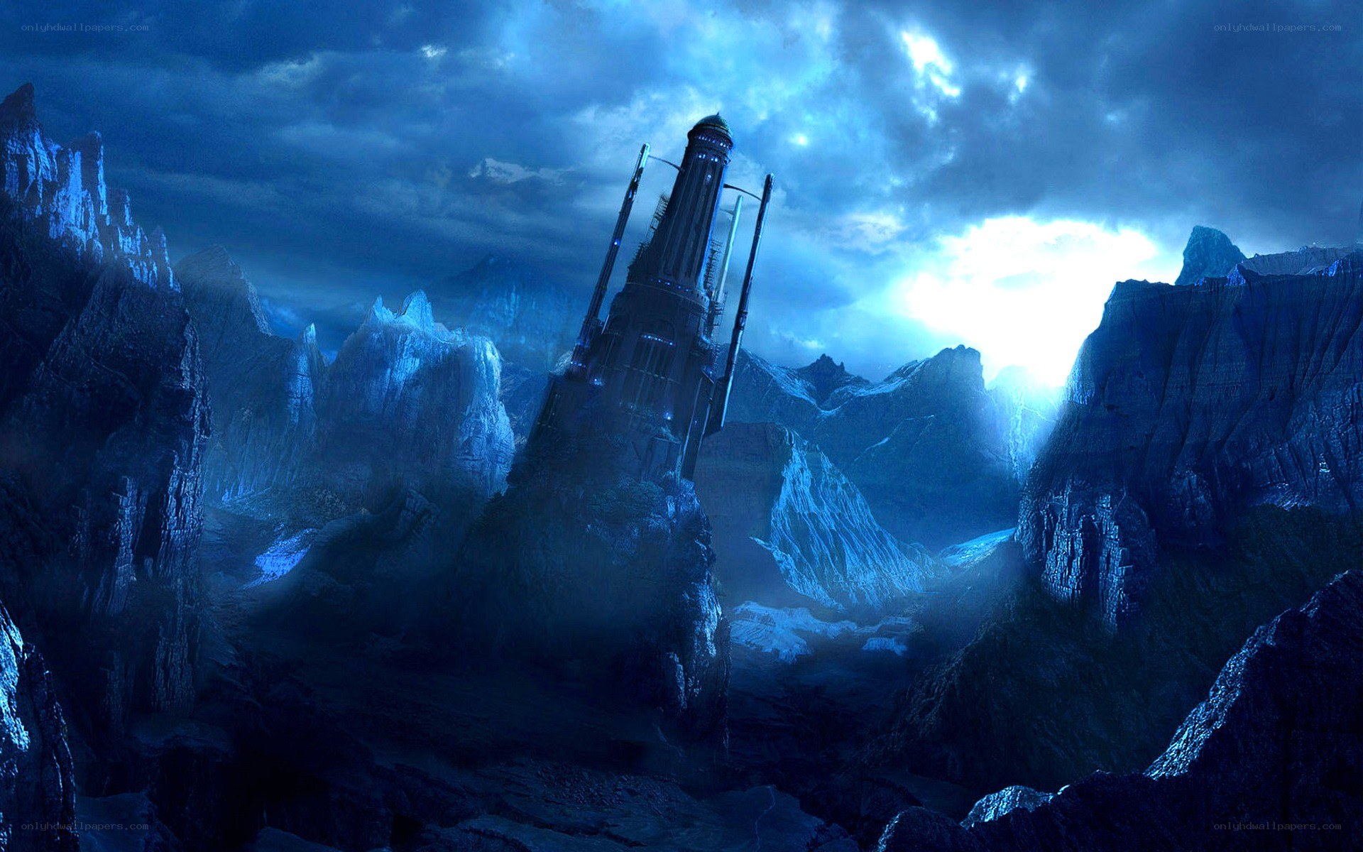 futuristic tower in mountain landscape