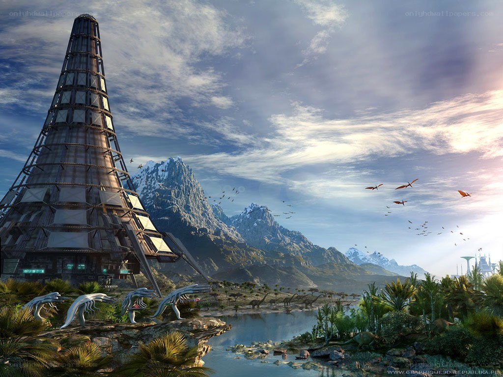 Futuristic tower in prehistoric landscape