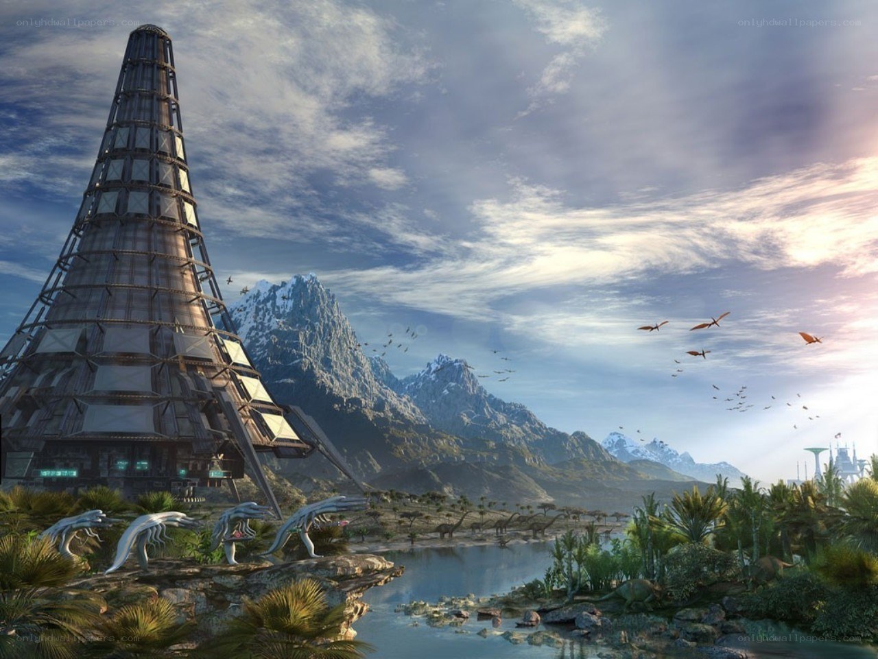 futuristic tower in prehistoric landscape
