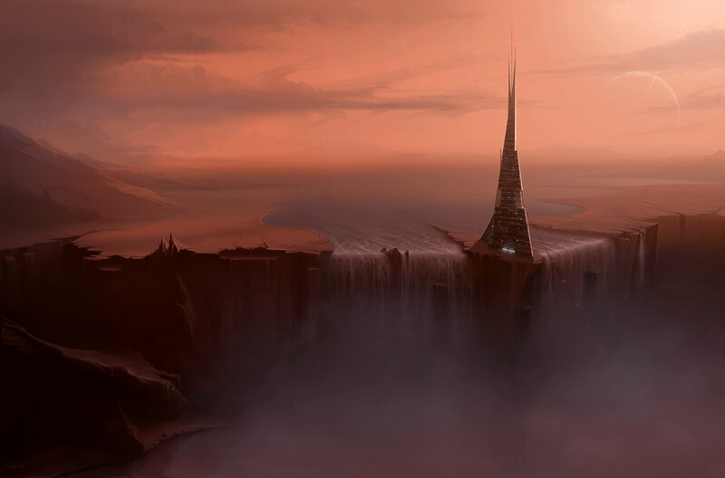 Futuristic tower on alien cliff