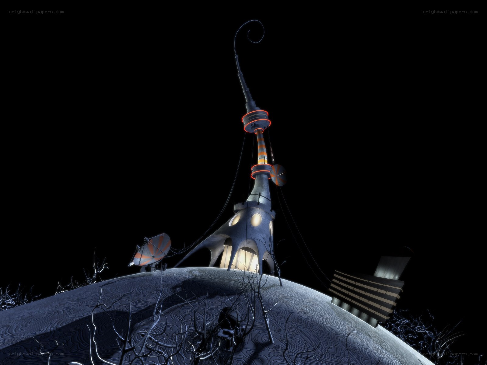 futuristic tower on alien planet