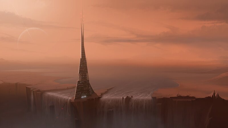 futuristic tower on alien planet