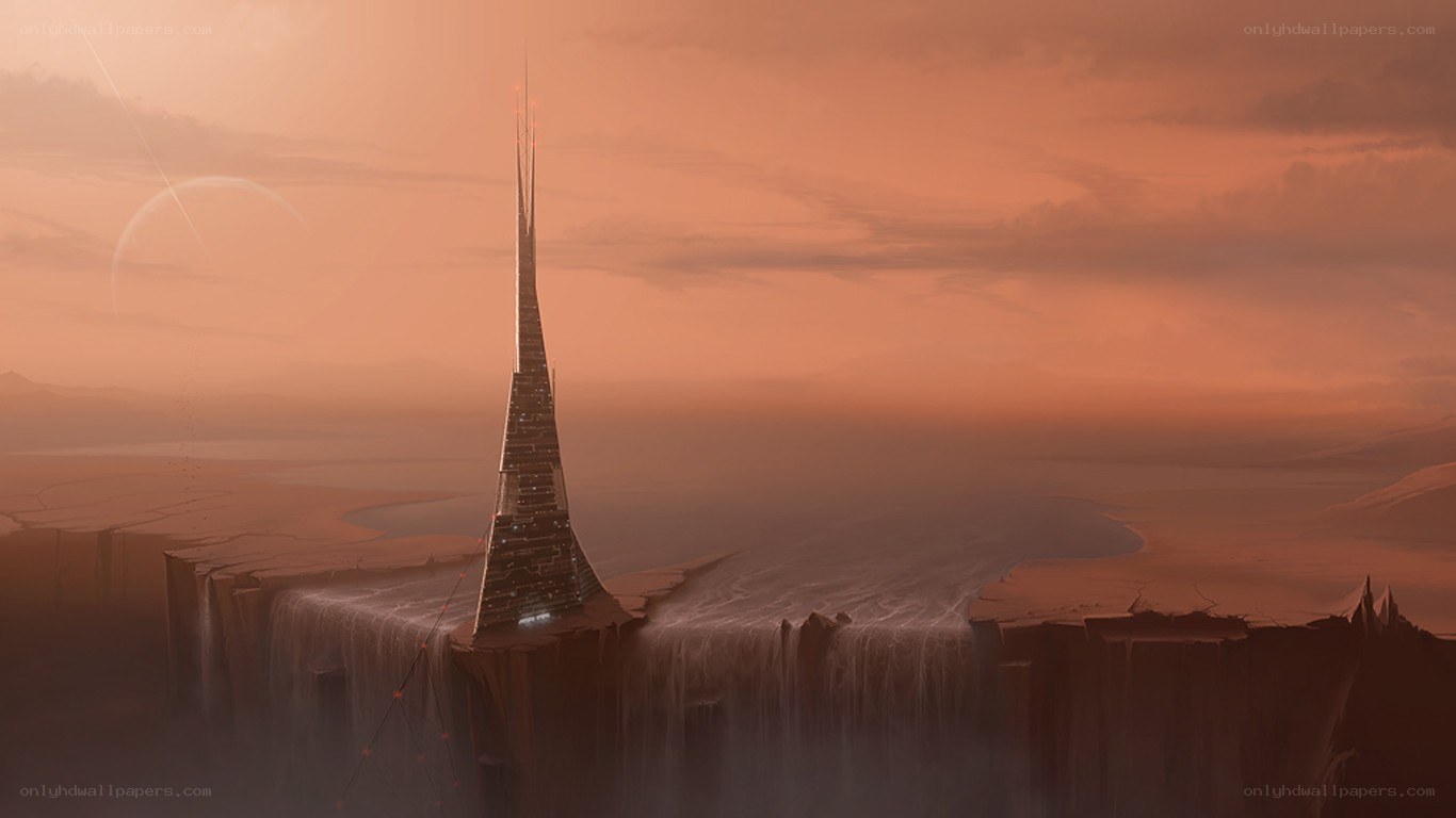 futuristic tower on alien planet