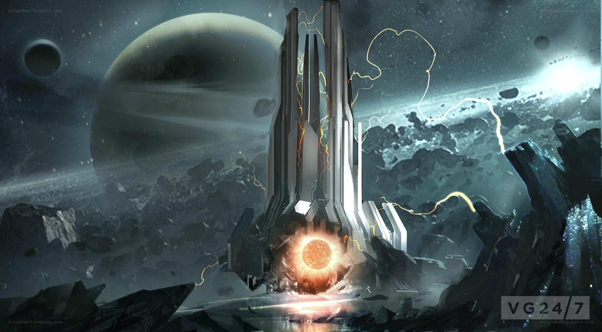 futuristic tower on asteroid