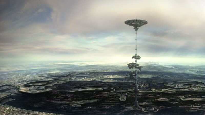futuristic tower over alien landscape