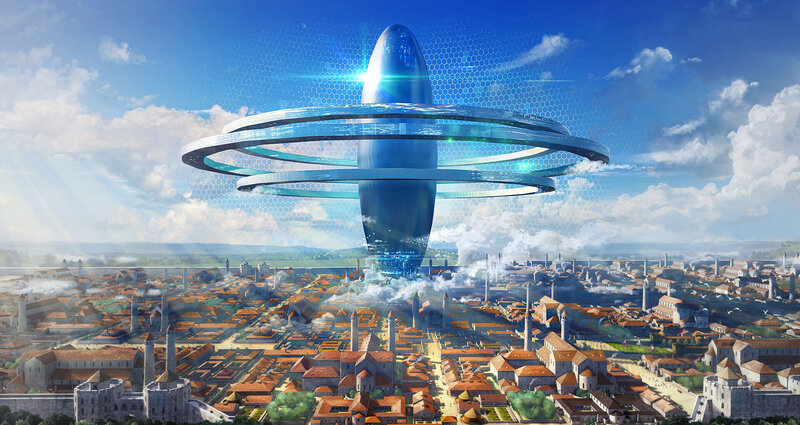 Futuristic Tower over City — Blue