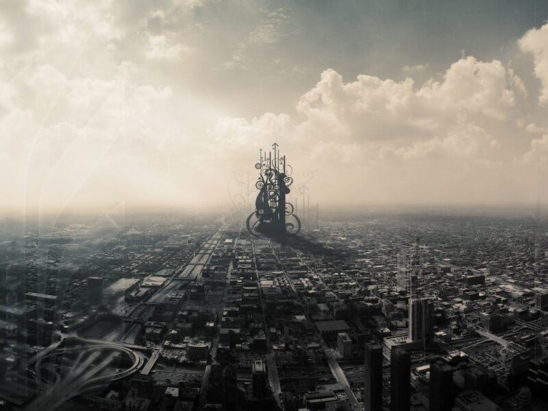 Futuristic Tower over City — Gray