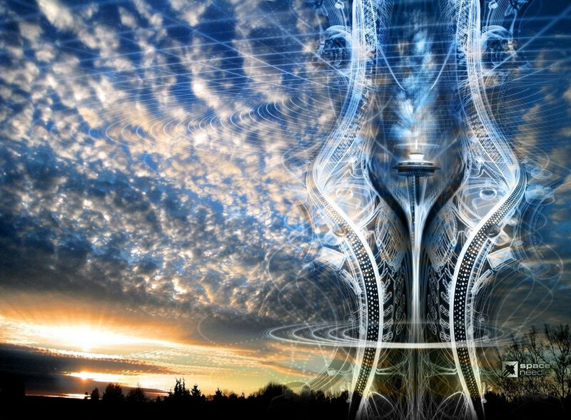 Futuristic tower over sunset