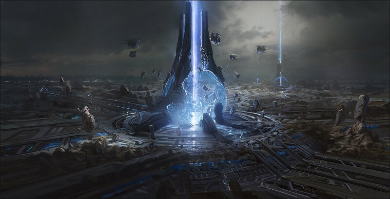 Futuristic Tower Structure — Blue, Dramatic, Night, Digital Art, Ships, Debris