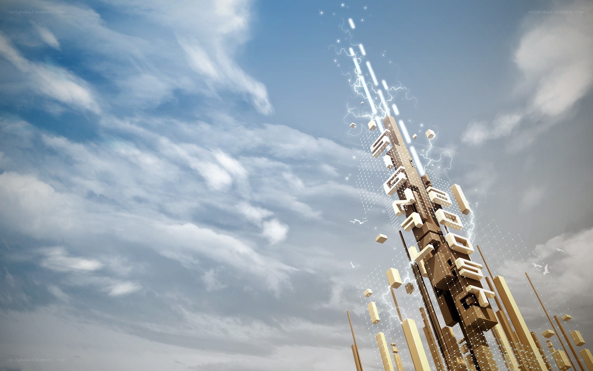 Futuristic tower with energy beams