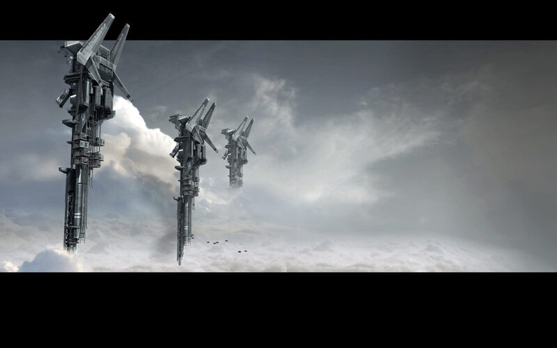 Futuristic towers in clouds