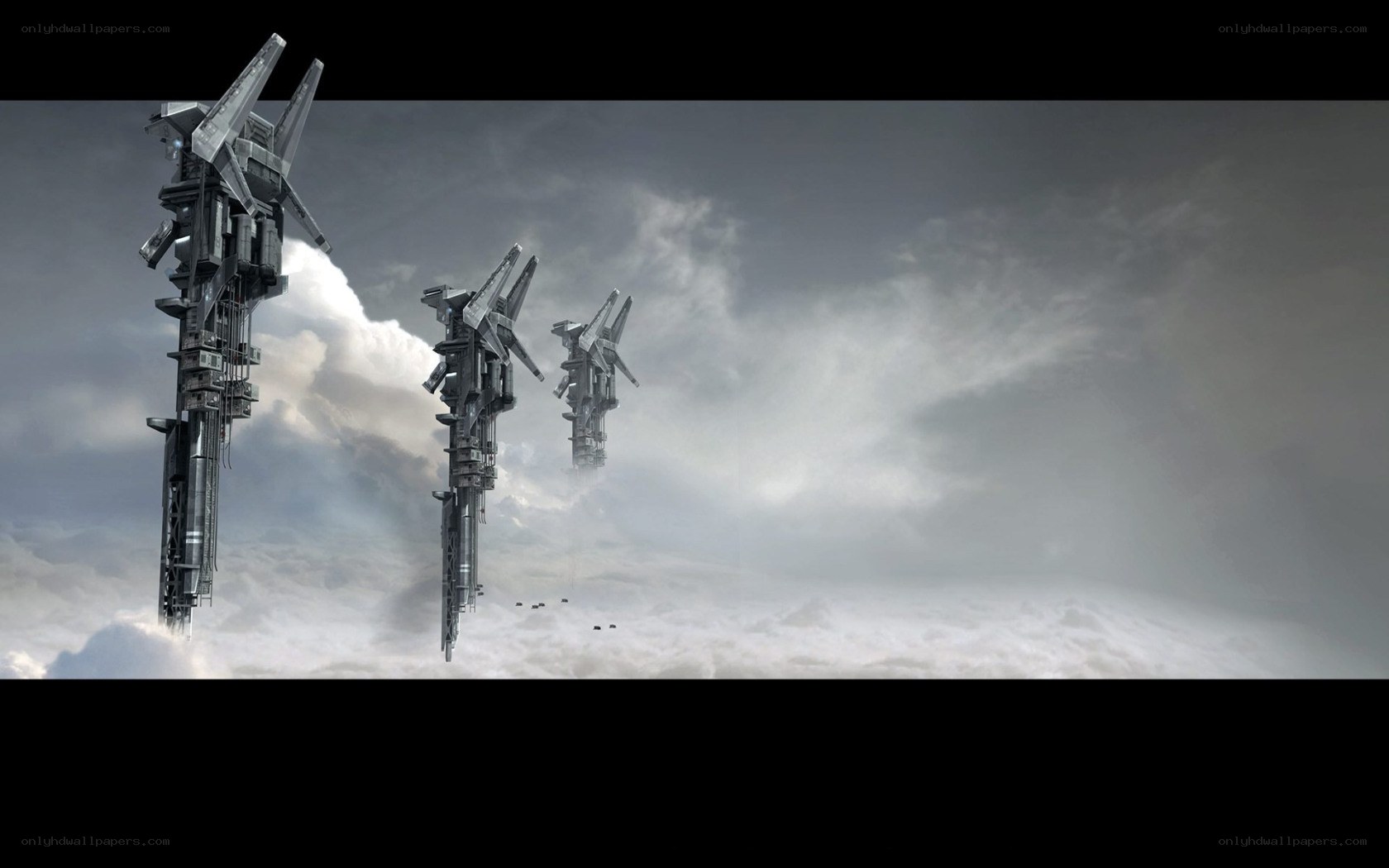 Futuristic towers in clouds