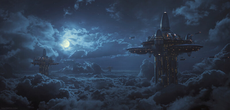 Futuristic Towers in Clouds — Blue