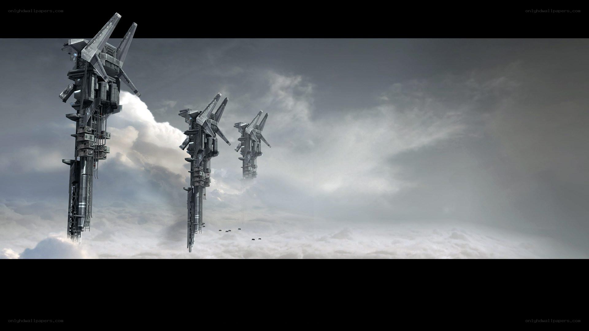 Futuristic towers in clouds