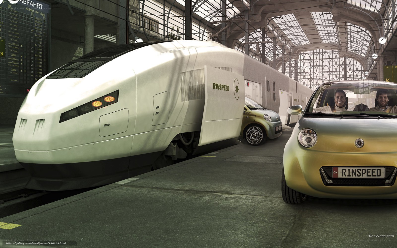 Futuristic train and car at station
