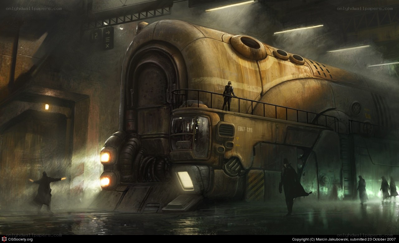 Futuristic train in a dimly lit station