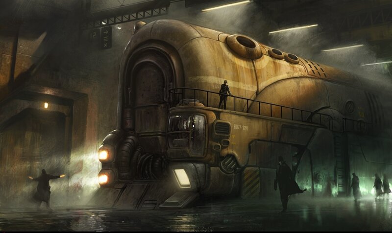 Futuristic train in a dimly lit station