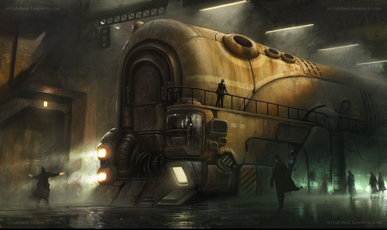 Futuristic train in a dimly lit station