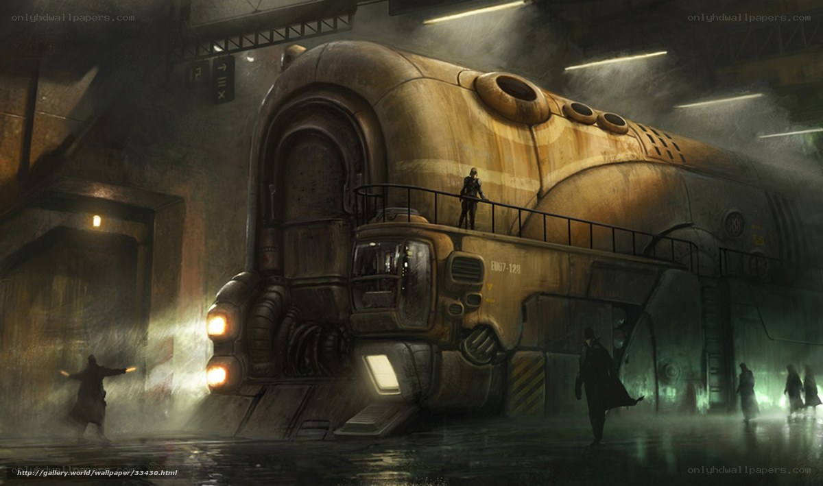 Futuristic train in a dimly lit station