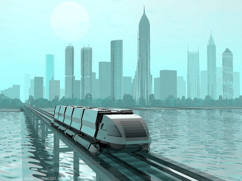 futuristic train over water