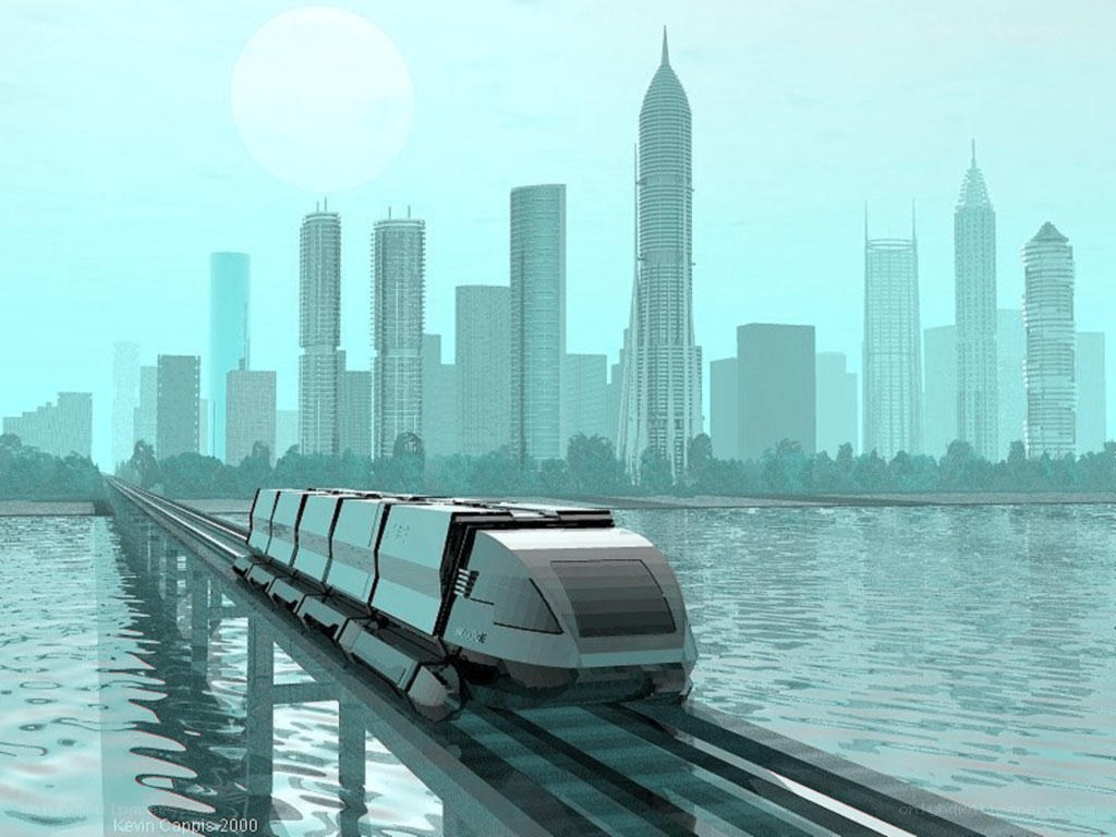futuristic train over water