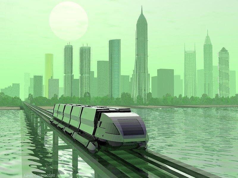 Futuristic train over water