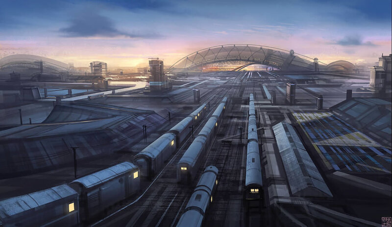 futuristic train station at dusk