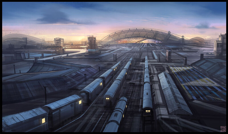 futuristic train station at dusk