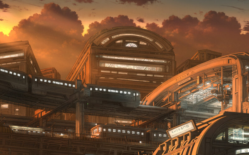 futuristic train station at sunset