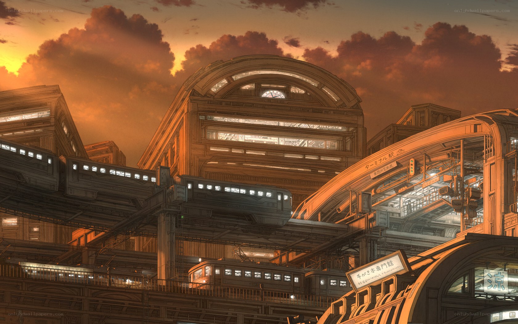 futuristic train station at sunset