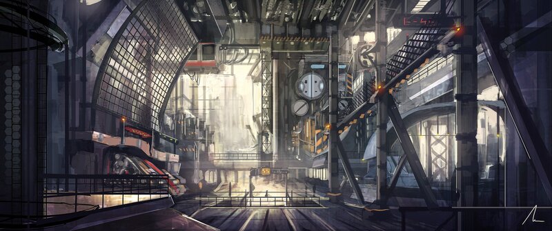 Futuristic Train Station — Gray, Dramatic, Digital Art