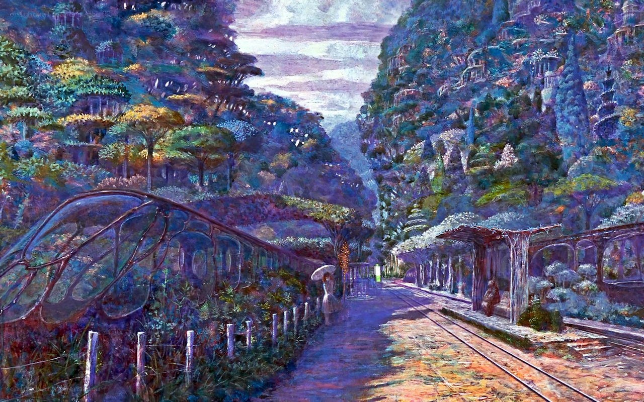 Futuristic train station in a forest