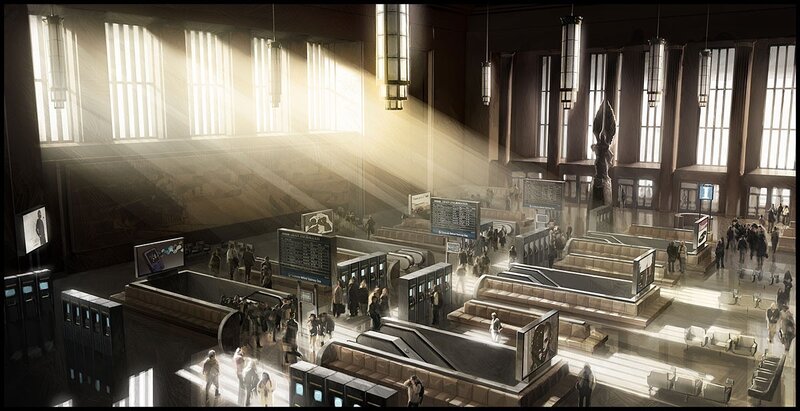 futuristic train station interior