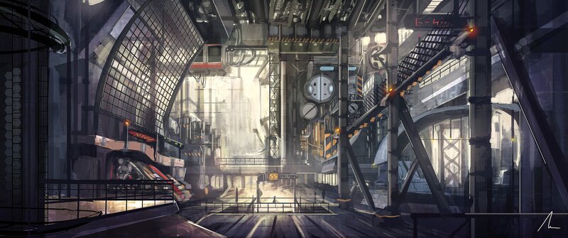 futuristic train station interior
