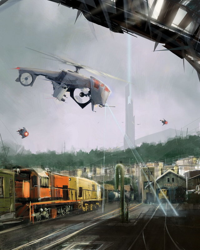 Futuristic train station scene