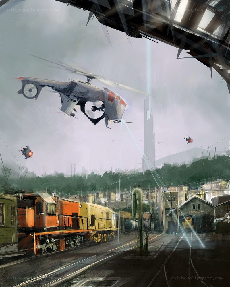 Futuristic train station scene