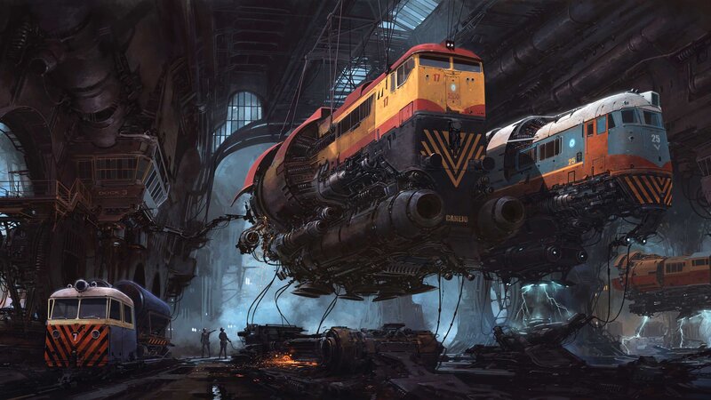Futuristic Trains in Hangar