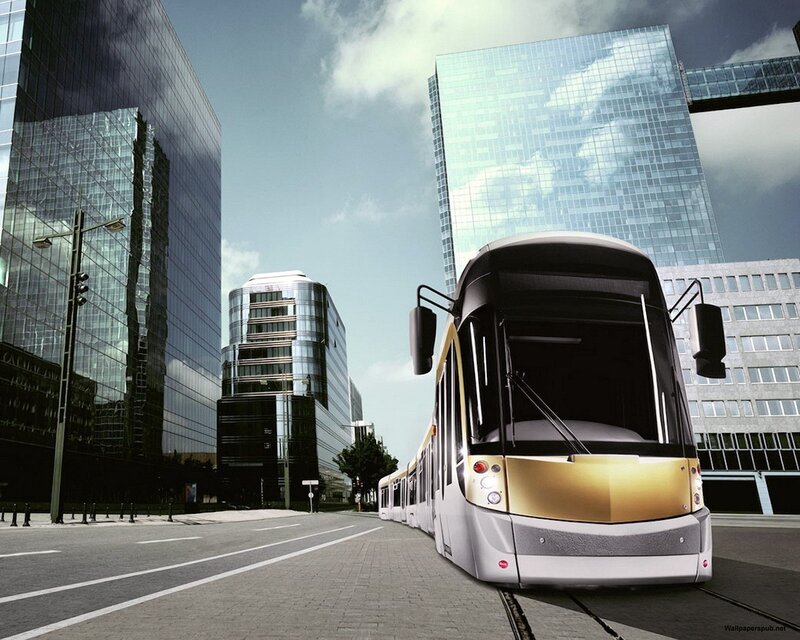 Futuristic tram in modern city