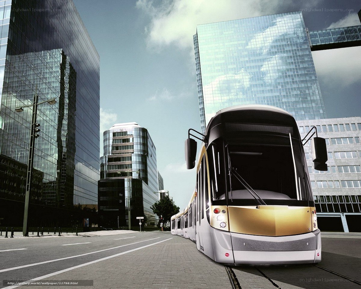 Futuristic tram in modern city