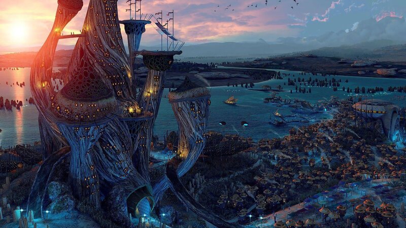 futuristic tree city at sunset