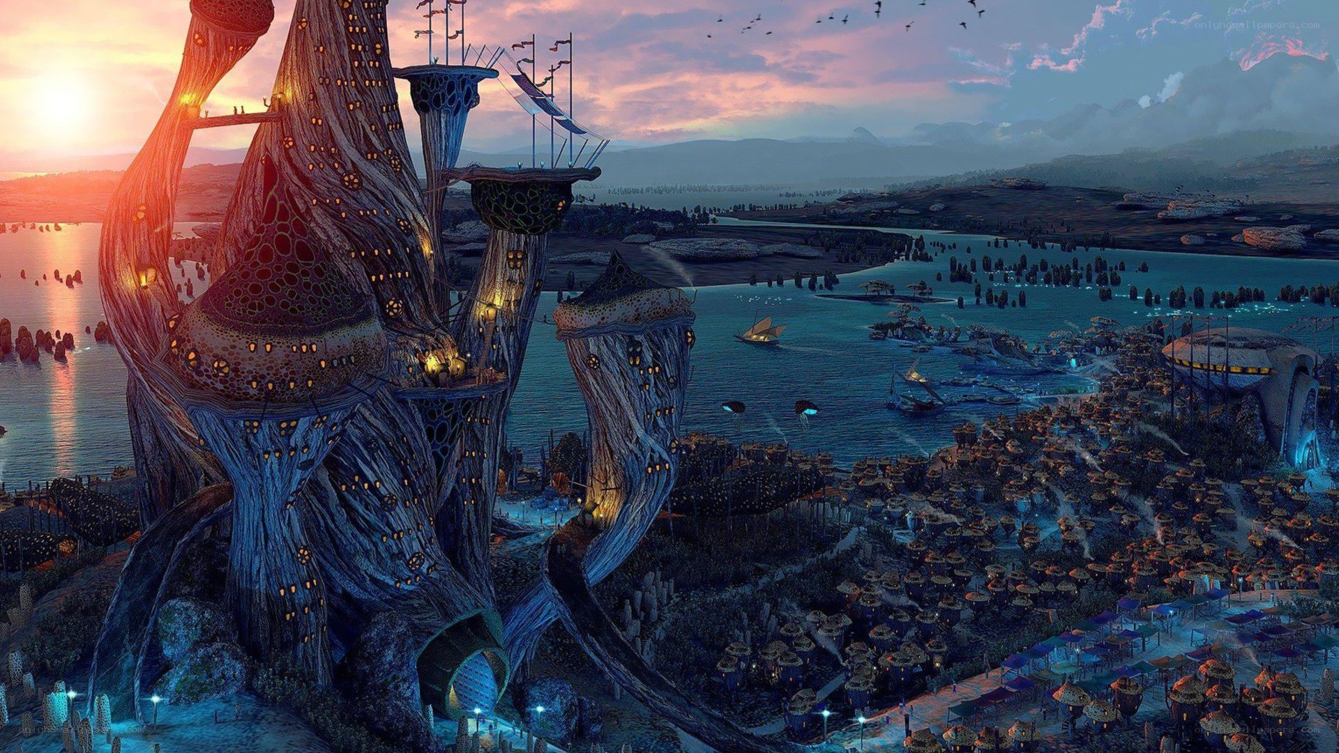 futuristic tree city at sunset