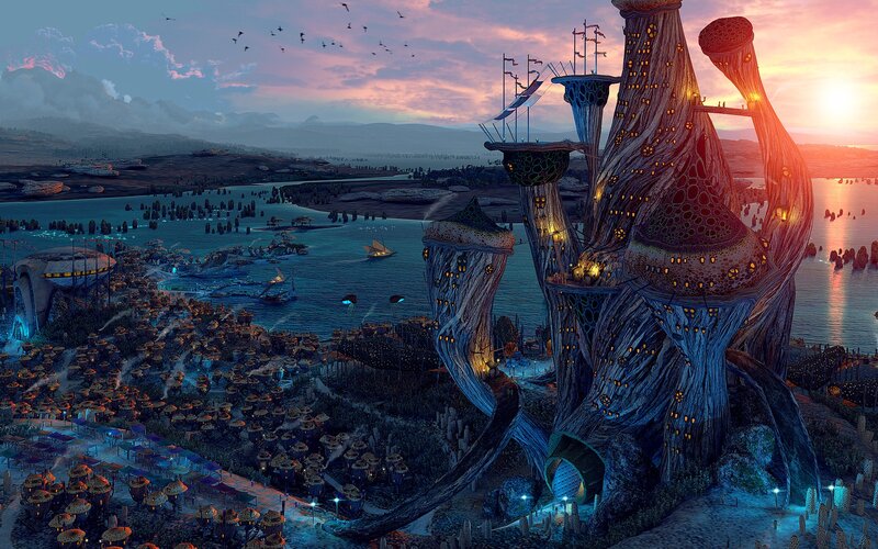 Futuristic Tree City — Blue, Dramatic