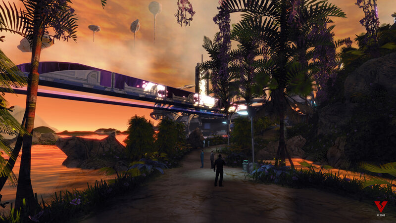 futuristic tropical sunset scene