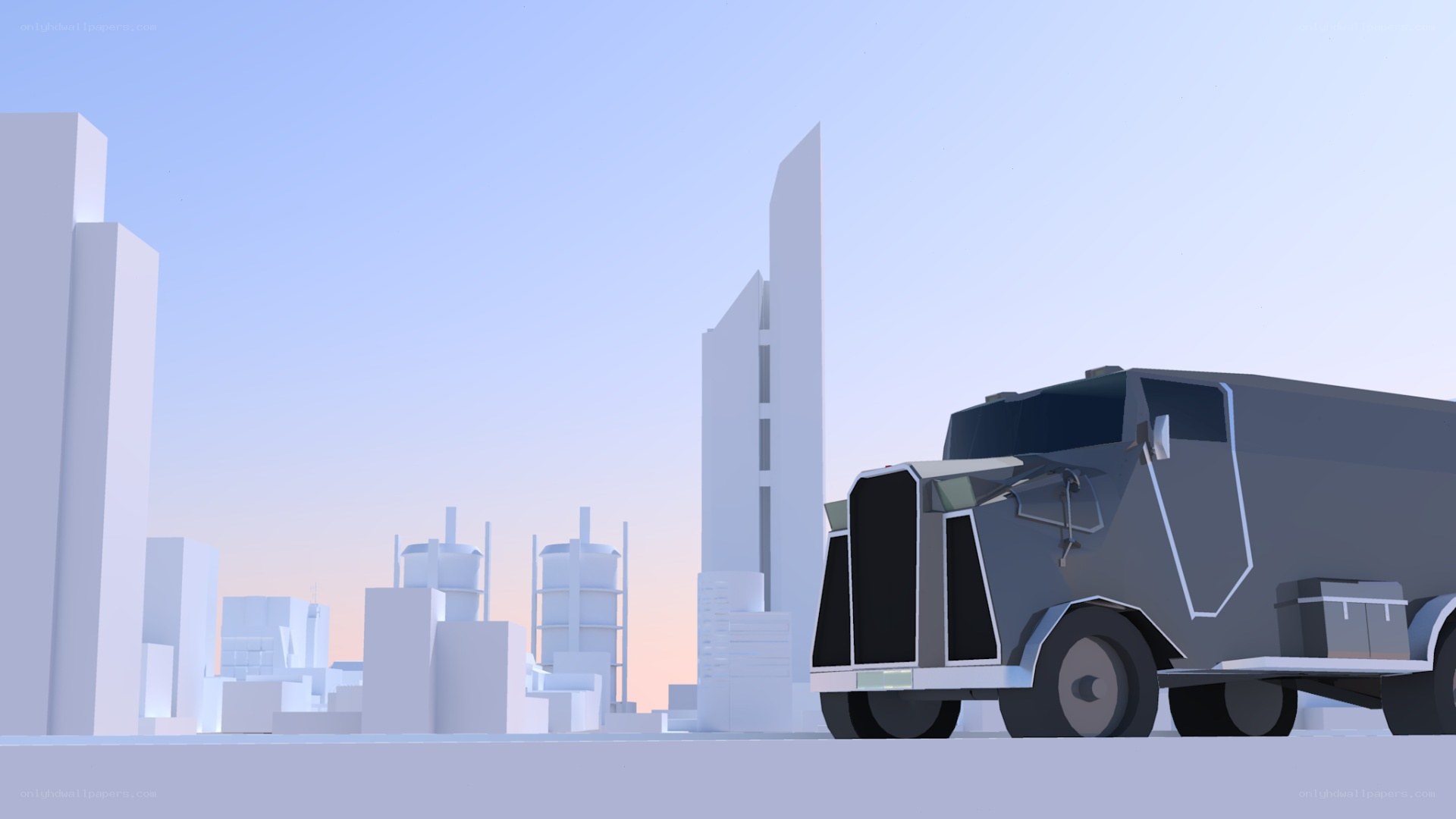 futuristic truck in cityscape